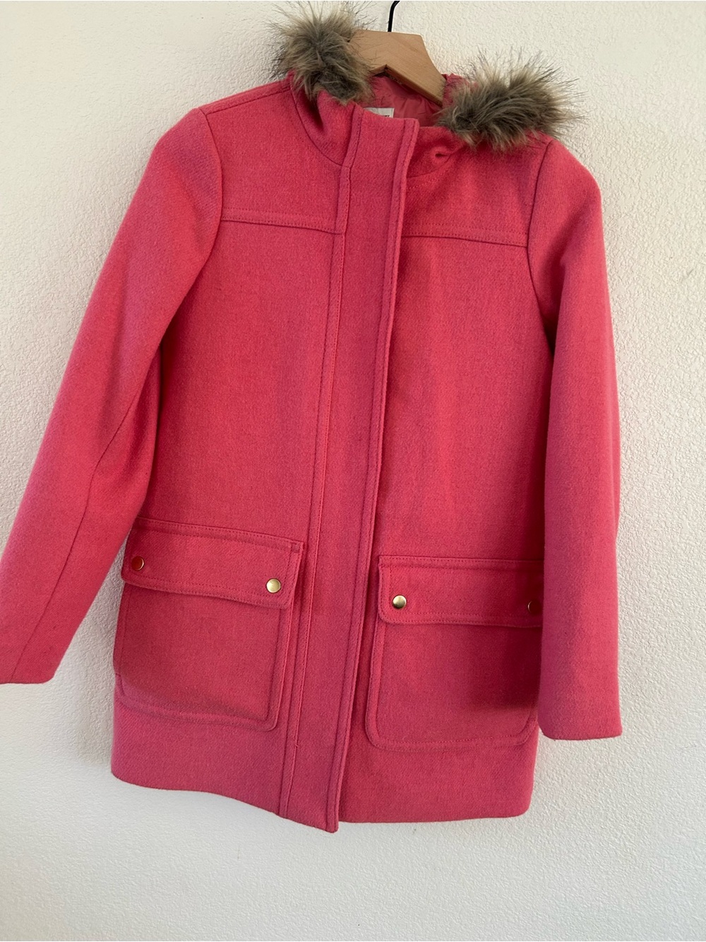 J. Crew Hot Pink Hooded  Coat with Faux Fur Trim